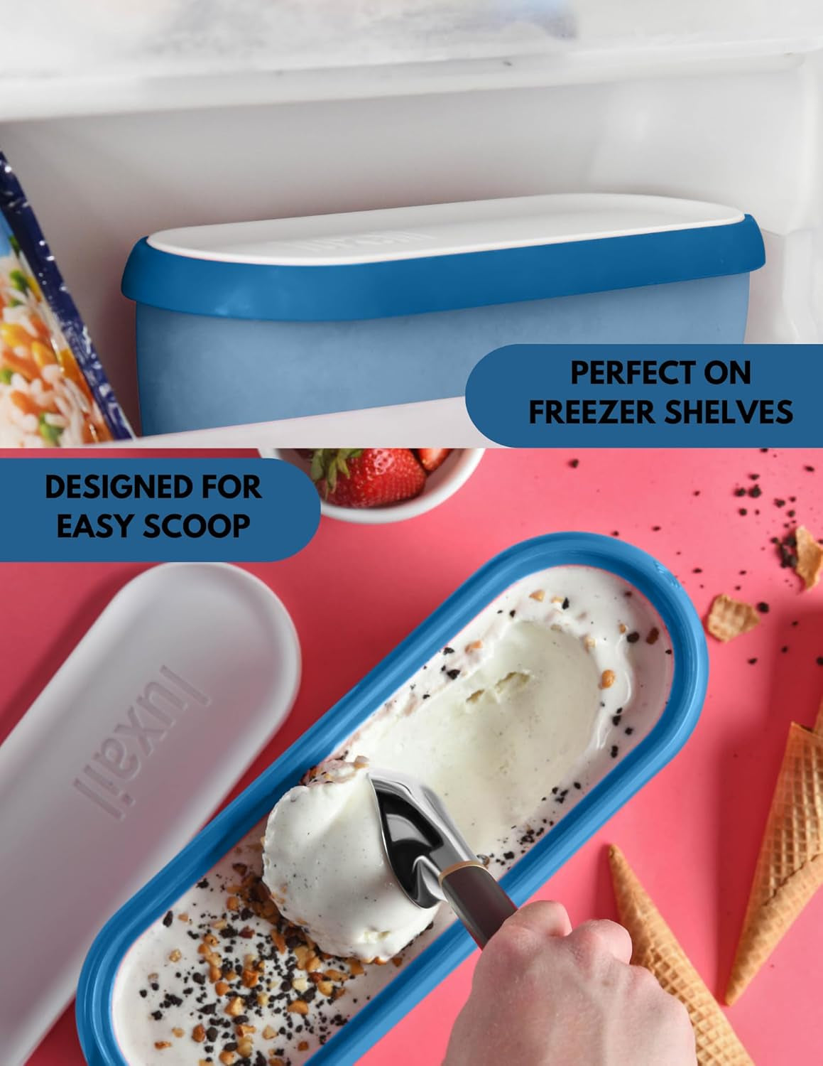 Ice Cream Containers for Homemade Ice Cream, Reusable Storage Freezer Ice Cream Container with Lids,2 Pack, BPA FREE, Non Slip Base, Stackable on Freezer Shelves.