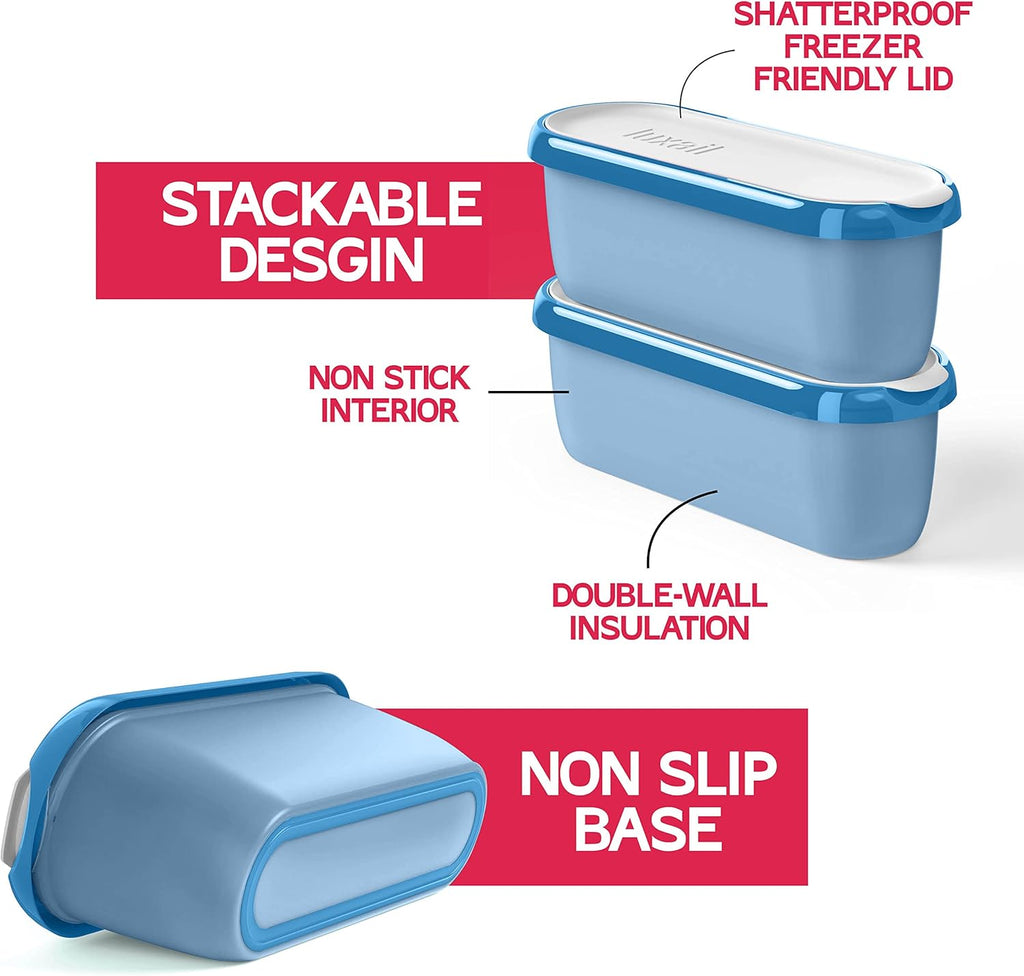 Ice Cream Containers for Homemade Ice Cream, Reusable Storage Freezer Ice Cream Container with Lids,2 Pack, BPA FREE, Non Slip Base, Stackable on Freezer Shelves.